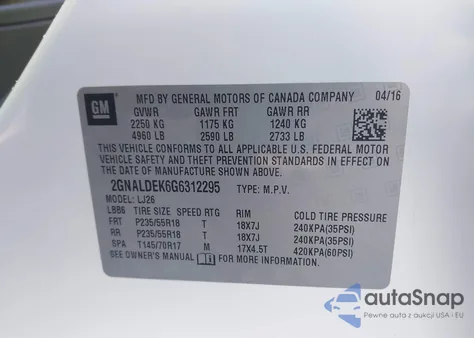 2016 Chevrolet Equinox Ltz из США, поврежденный, VIN 2GNALDEK6G6312295